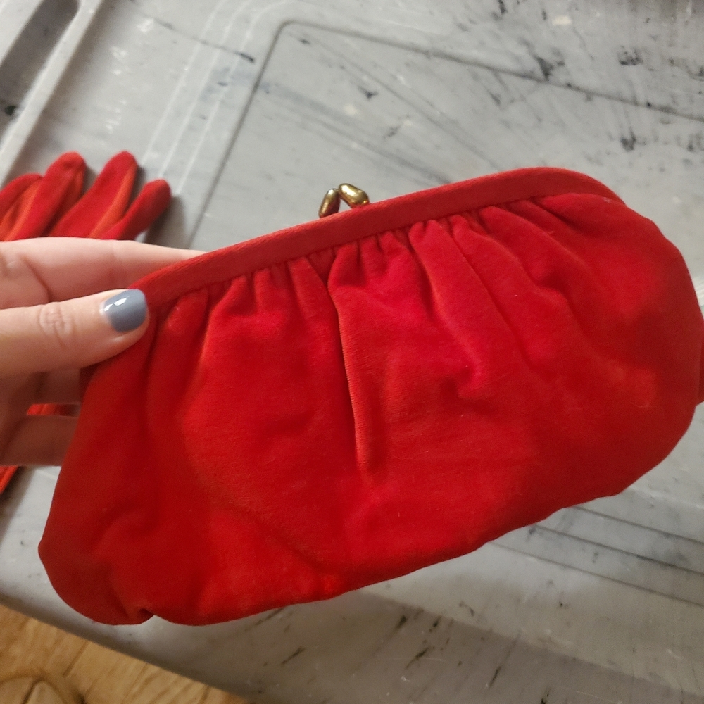 Antique clutch with matching gloves.